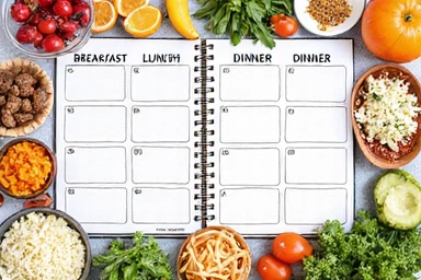 Stylized illustration of a meal plan with various healthy ingredients