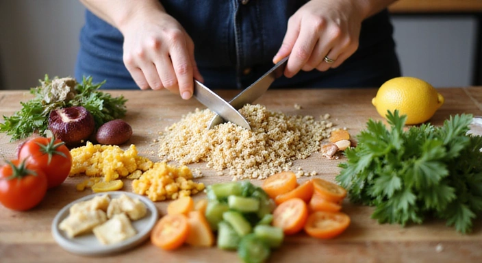 Person bereitet eine glutenfreie Mahlzeit zu, mit verschiedenen glutenfreien Zutaten auf einem Schneidebrett.