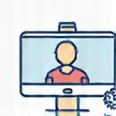 Minimalist icon representing online learning or webinar with a computer screen and a person.