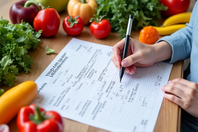 Eine Person, die einen Ernährungsplan studiert, umgeben von gesunden Lebensmitteln wie Obst und Gemüse, symbolisiert die angebotenen Dienstleistungen.